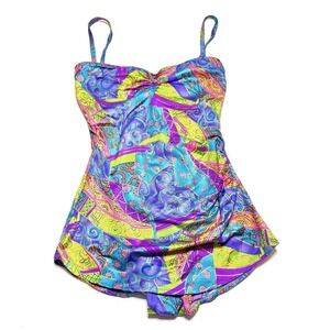 VTG 70s 80s Pinup Bathing Suit Sz 12 Retro Tankini One Piece Geometric Abstract